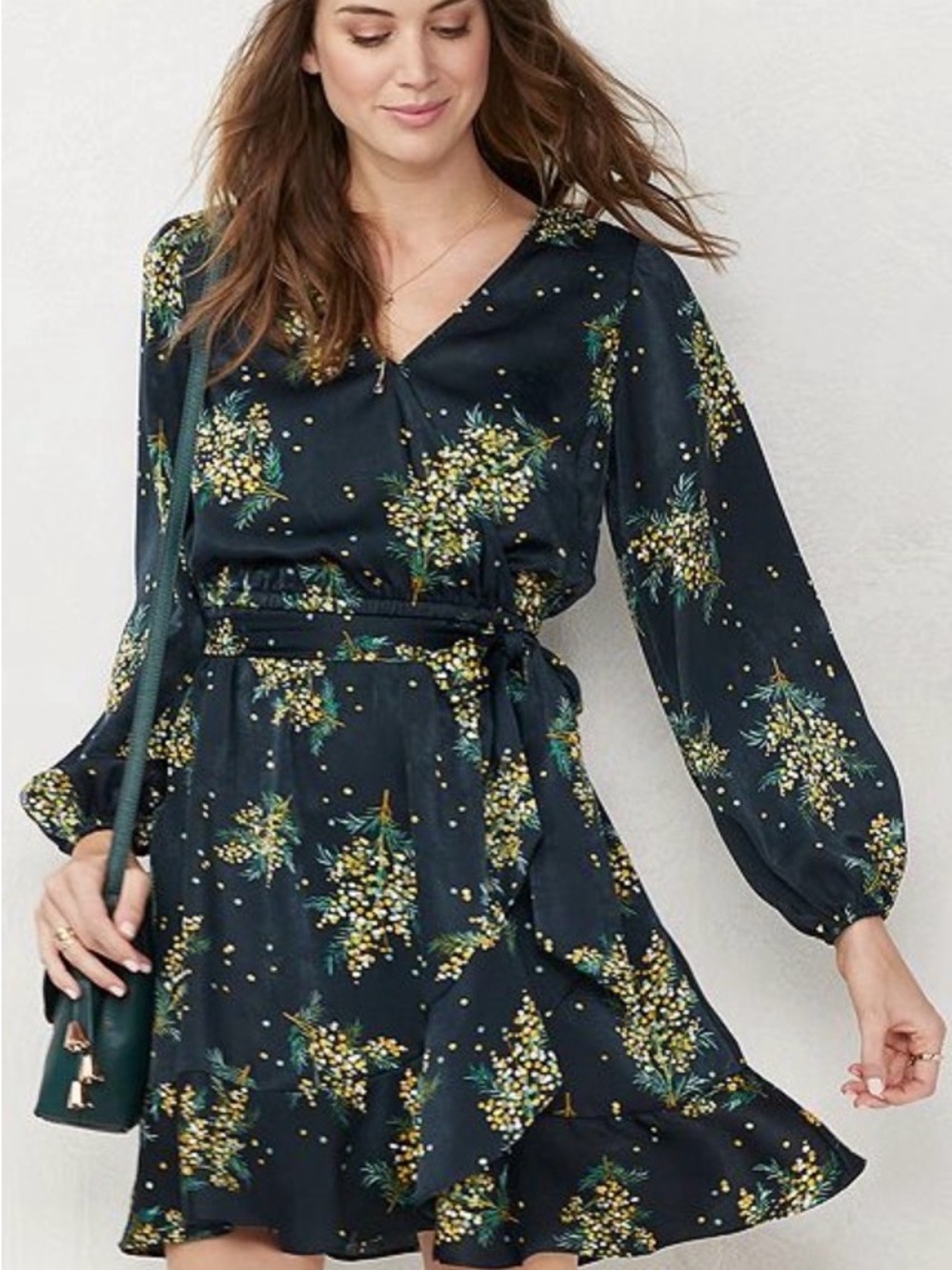 LC Lauren Conrad Medium Navy & Yellow Floral Balloon Sleeve V-Neck Wrap Dress